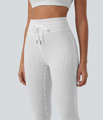 High Waisted Tummy Control Drawstring Striped Yoga Leggings with Pockets