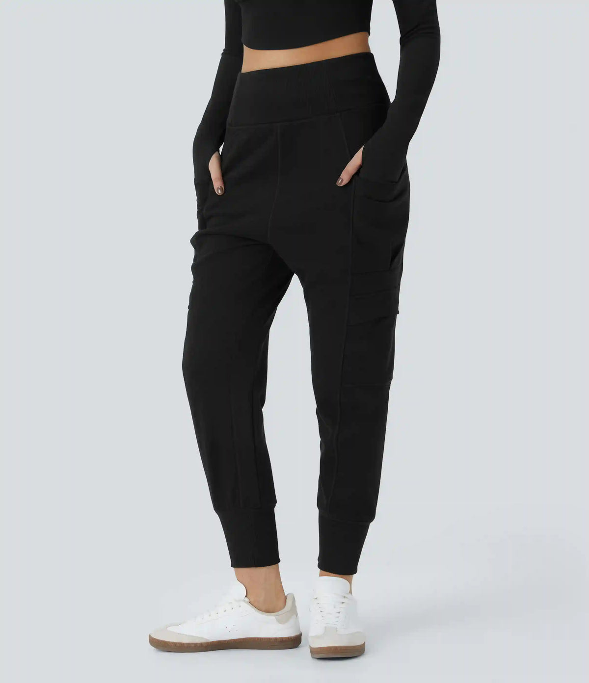 High Waisted Foldover Pocket Harem Fleece Casual Cargo Joggers