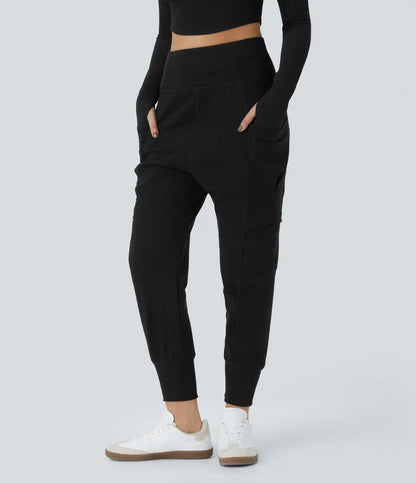 High Waisted Foldover Pocket Harem Fleece Casual Cargo Joggers