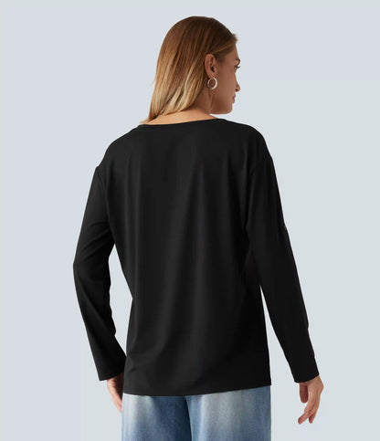 V Neck Long Sleeve Casual T-Shirt with Pocket