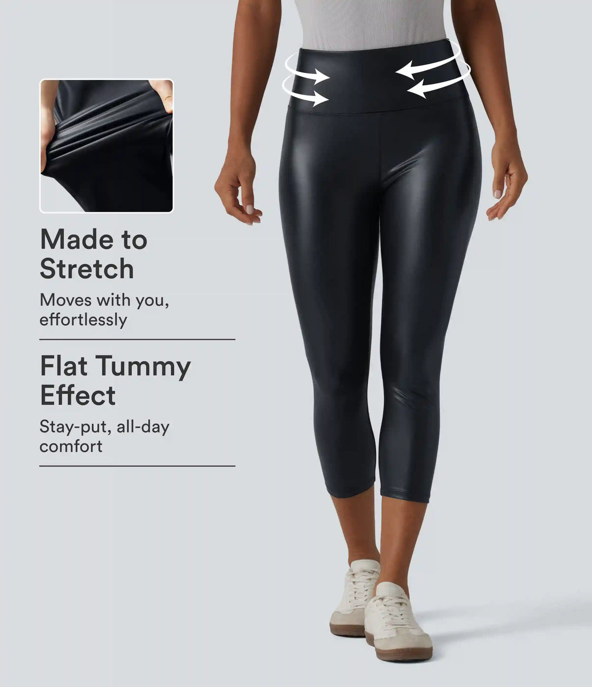 High Waisted Tummy Control Stretchy PU Casual Capri Leggings with Pockets