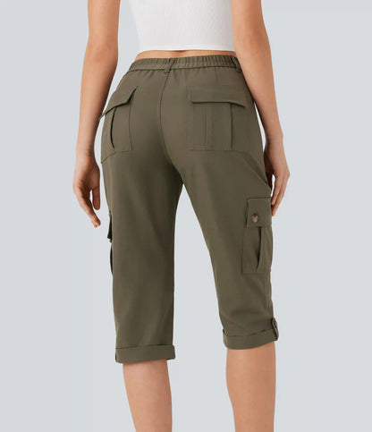 Mid Rise Rolled Hem Casual Cargo Pants with Flap Pockets