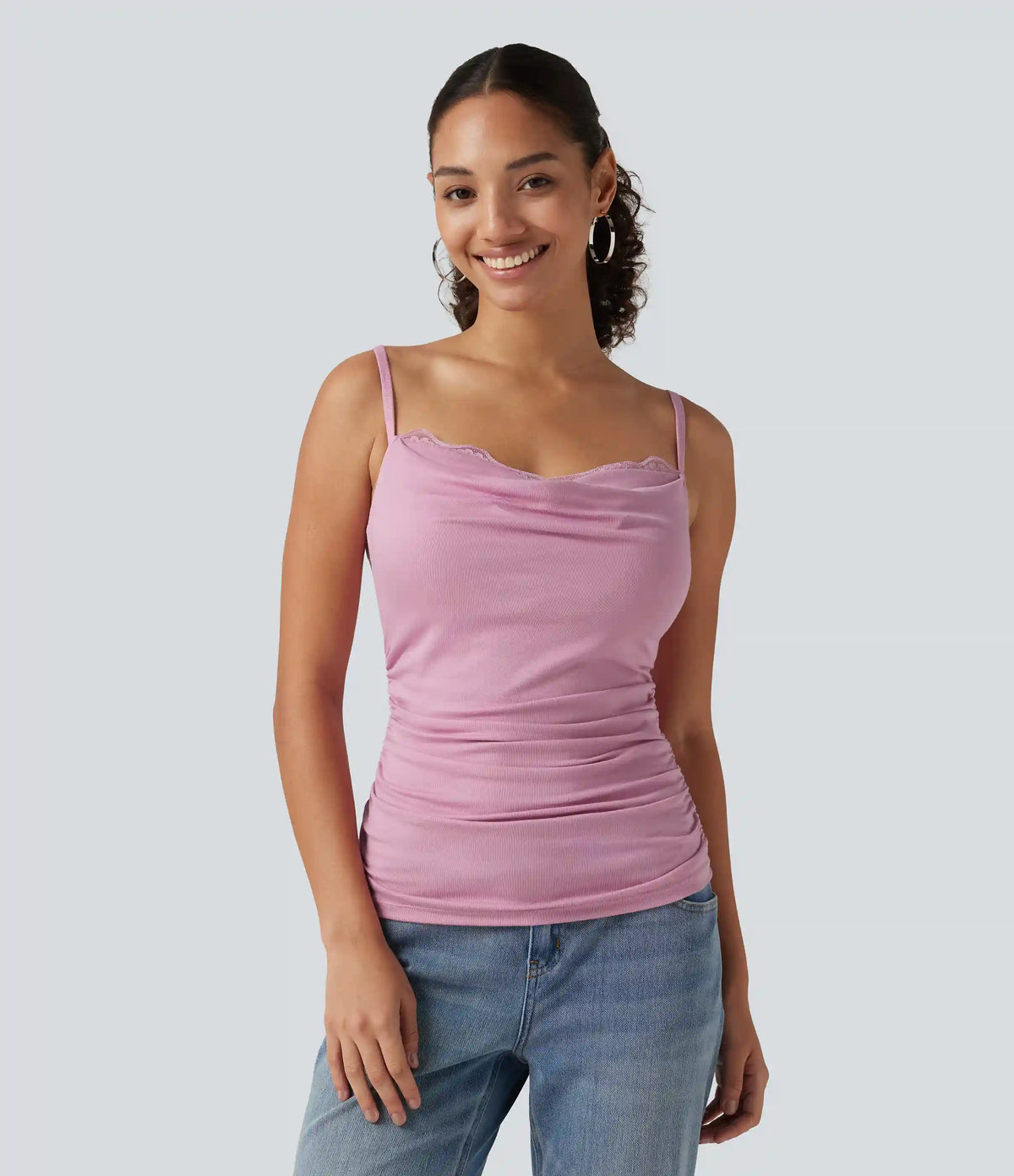 Ribbed Cowl Neck Contrast Lace Ruched Built-in Bra Casual Tank Top