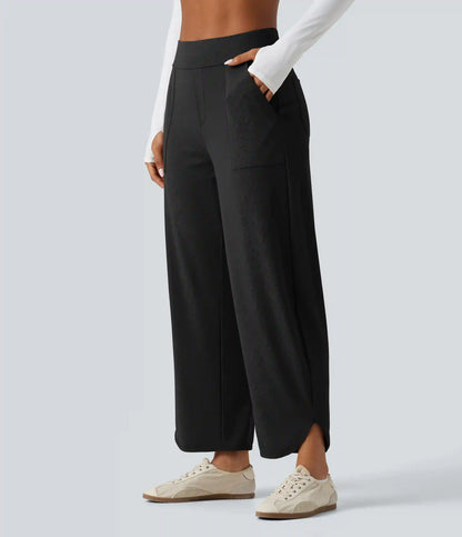 High Waisted Barrel Leg Curved Hem Quick Dry Dance Pants with Pockets-UPF40+