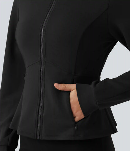 SpacerTek™ Stand Collar Zip Fly Long Sleeve Ruffle Hem Yoga Jacket with Pockets