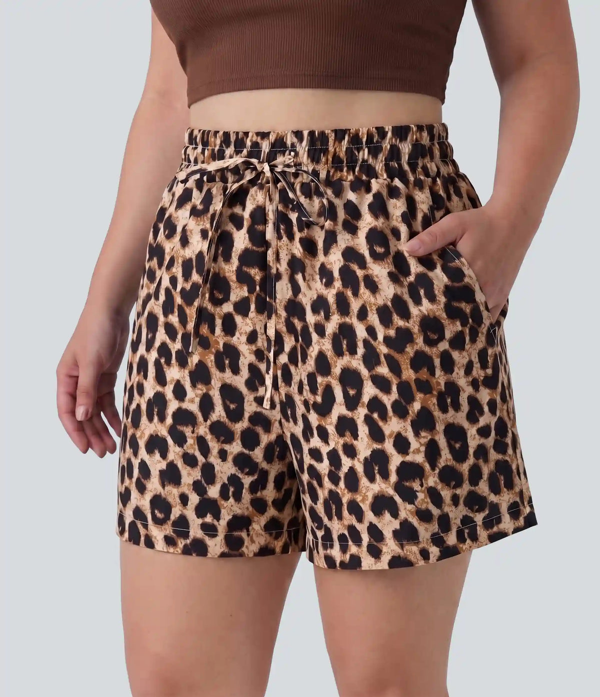 Plus Size High Waisted Drawstring Leopard Print Casual Shorts with Pockets