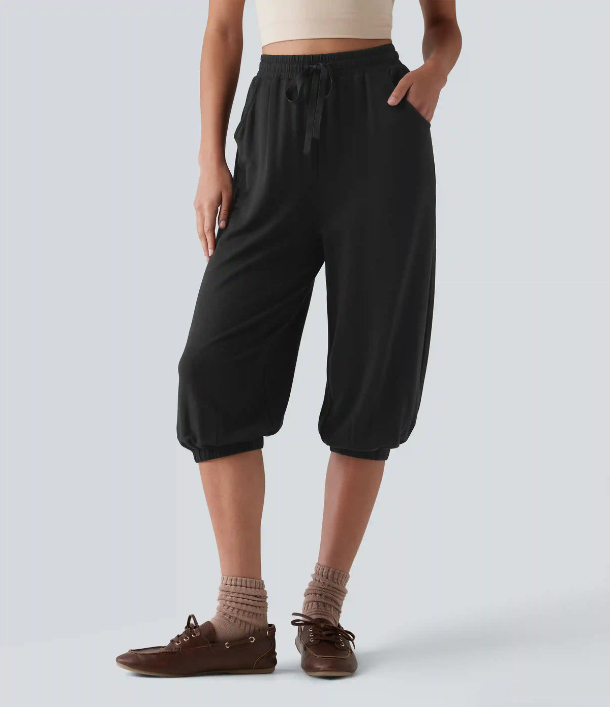 High Waisted Drawstring Capri Casual Joggers with Pockets