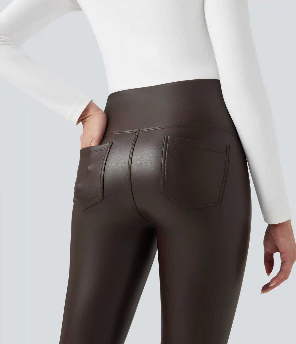 High Waisted Tummy Control Stretchy PU Fleece 7/8 Skinny Casual Leggings with Pockets