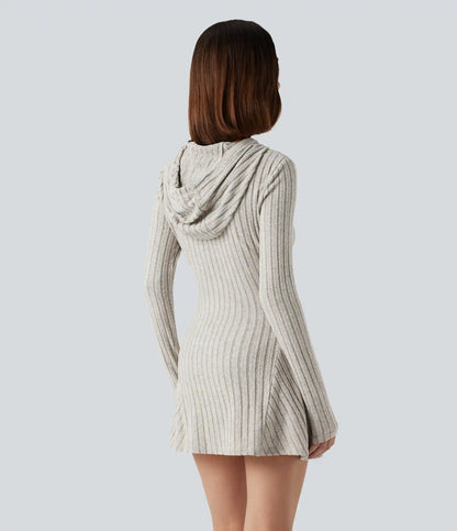 Ribbed Knit Hooded Drawstring Long Sleeve Mini Casual Dress