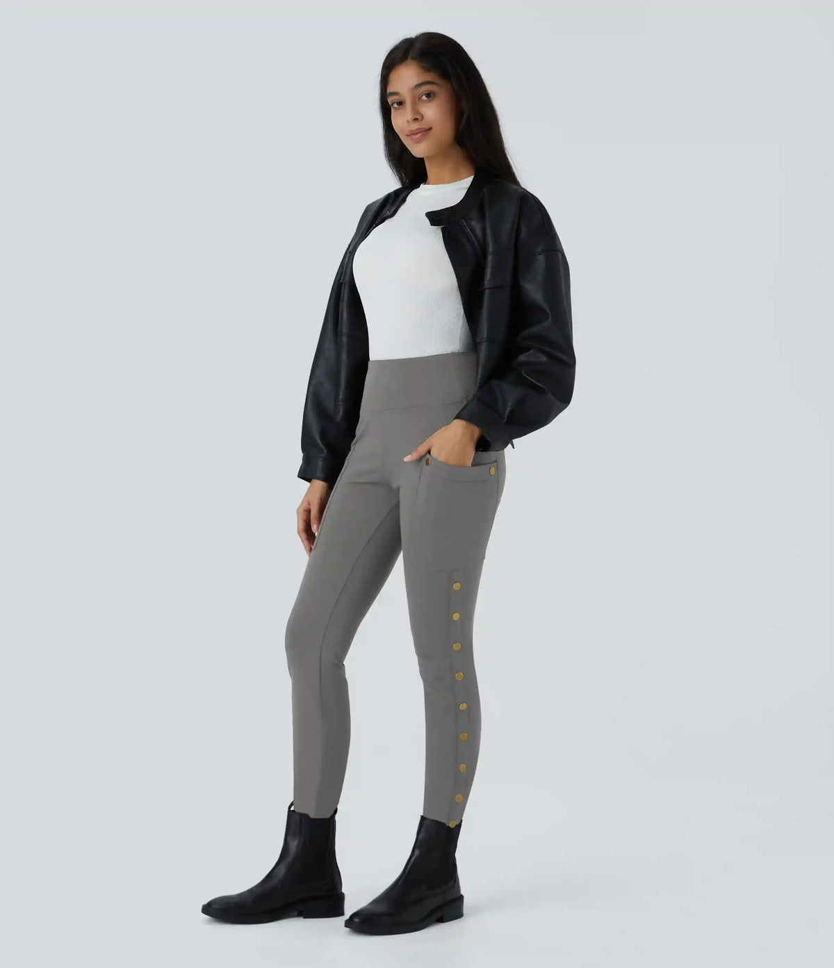 DayStretch High Waisted Decorative Pocket Skinny Ankle Length Casual Pants