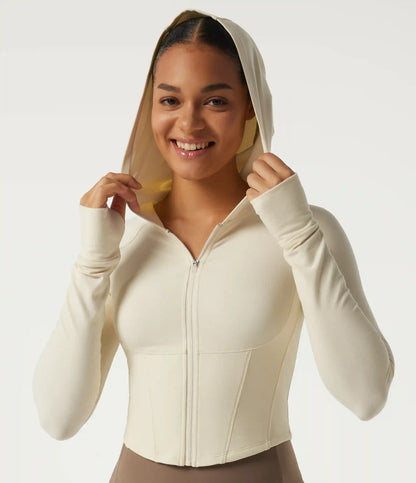 Hooded Long Sleeve Workout Jacket with Thumb Hole