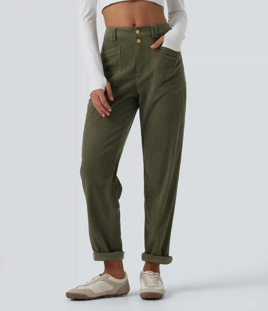 Mid Rise Tapered Corduroy Casual Pants with Pockets