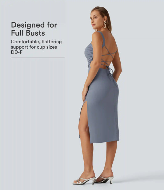 Ruched Lace Up Bodycon Midi Party Dress DD-F Cups