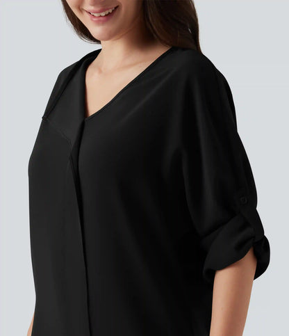 V Neck Long Sleeve Asymmetric Relaxed Work Blouse