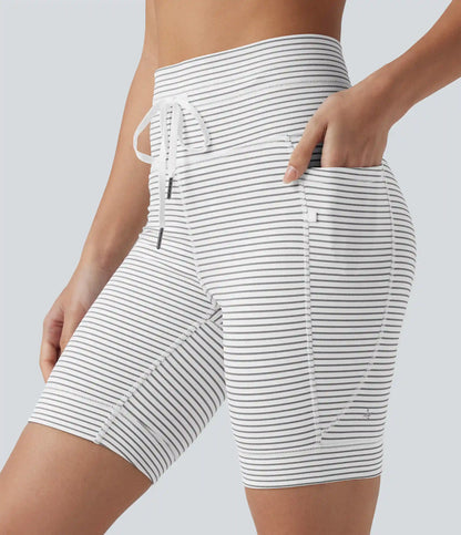 High Waisted Drawstring Striped Yoga Biker Shorts 7'' with Pockets