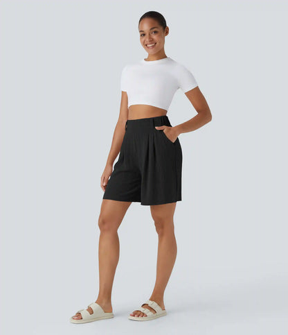 High Waisted Pocket Wide Leg Casual Linen-Feel Bermuda Shorts