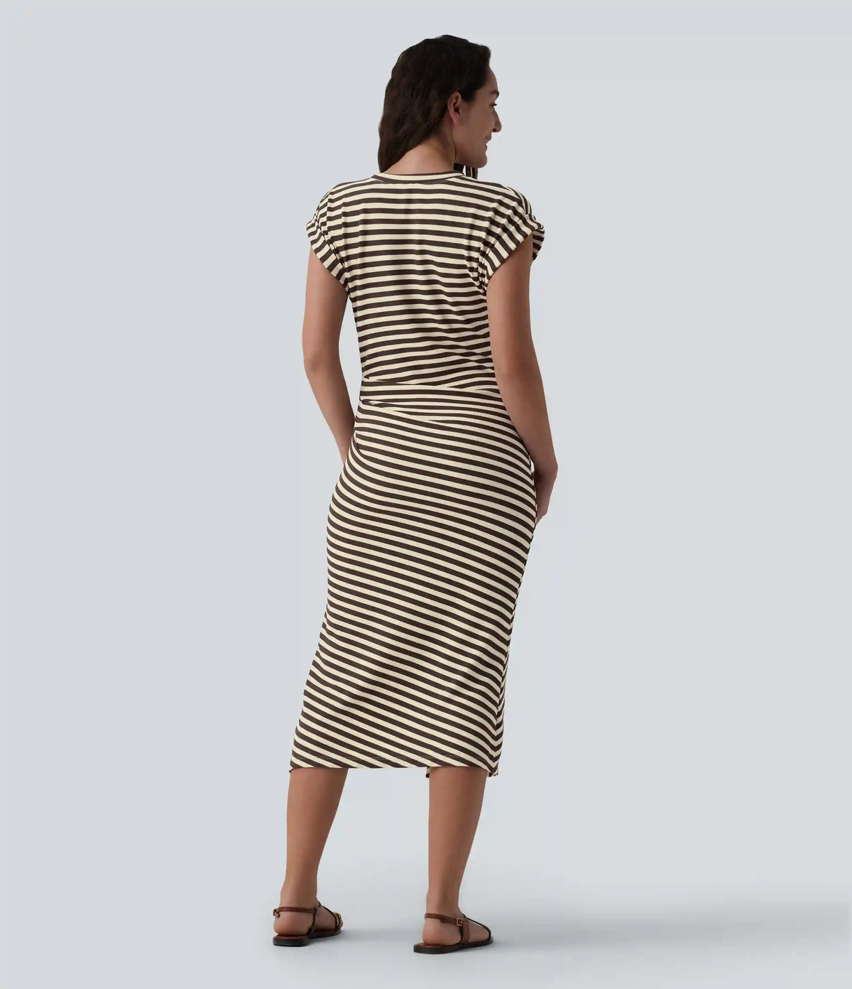 Round Neck Short Sleeve Asymmetrical Split Hem Stripes Waffle Casual Midi T-Shirt Dress