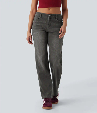 Halara Flex™ Low Rise Zipper Pockets Straight Leg Washed Casual Jeans