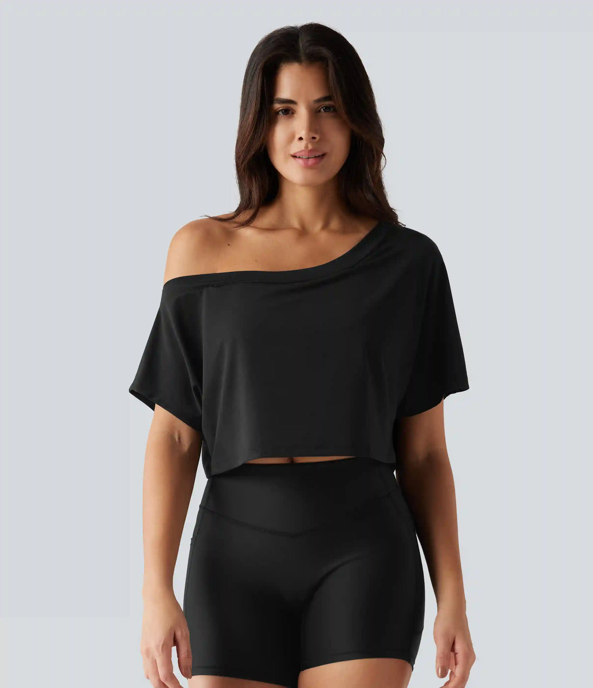 One Shoulder Short Sleeve Built-in Bra Quick Dry Yoga Sports Top