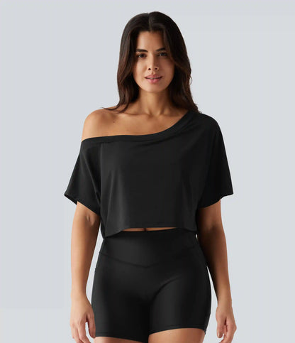 One Shoulder Short Sleeve Built-in Bra Quick Dry Yoga Sports Top