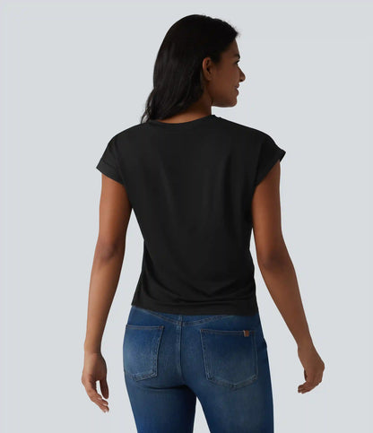 Round Neck Short Sleeve Curved Split Hem Casual T-Shirt