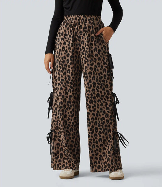 High Waisted Leopard Print Waffle Wide Leg Casual Pants with Pockets