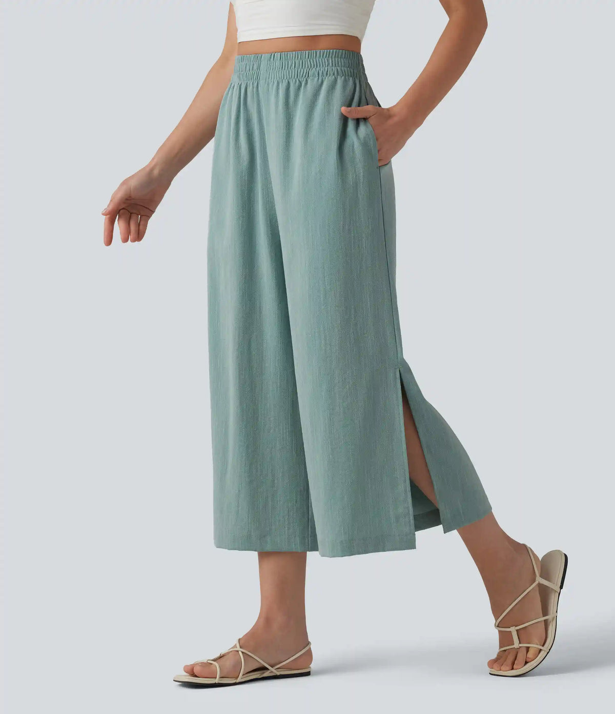 High Waisted Split Linen-Feel Casual Cropped Baggy Pants with Pockets