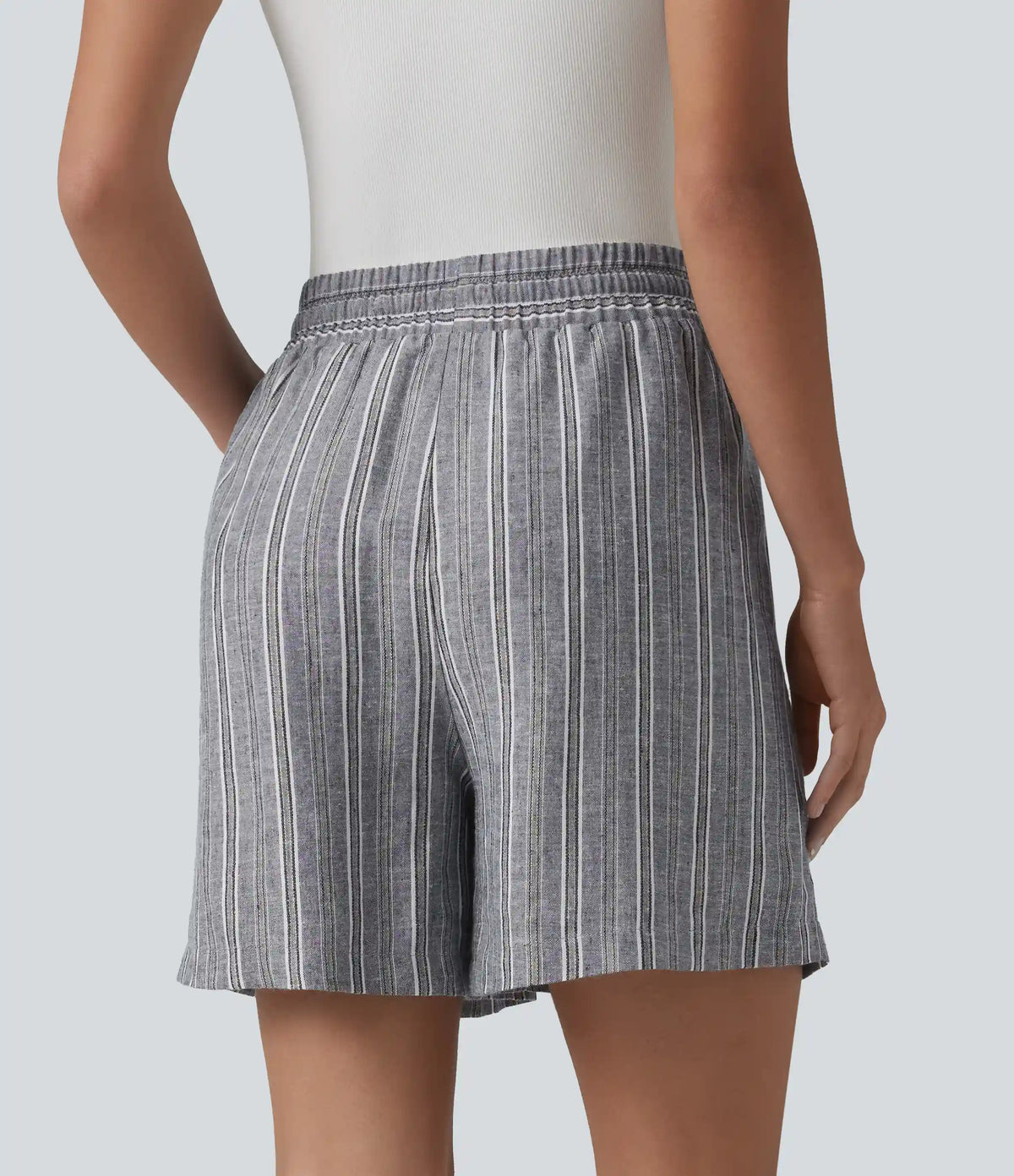 High Waisted Drawstring Stripes Linen Work Baggy Shorts with Pockets
