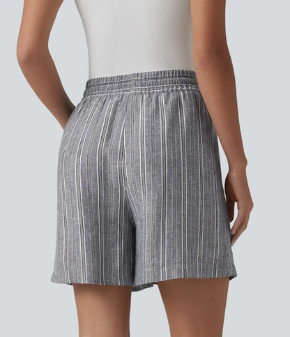 High Waisted Drawstring Stripes Linen Work Baggy Shorts with Pockets