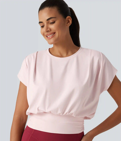 SoftlyZero™ Plush Round Neck Short Sleeve Ruched Boxy Yoga Sports Top