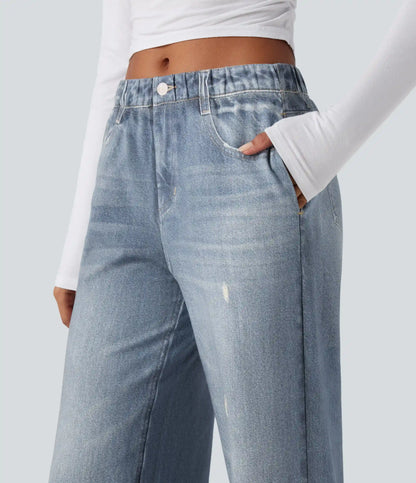Mid Rise Denim Print French Terry Casual Sweatpants Jeans with Pockets