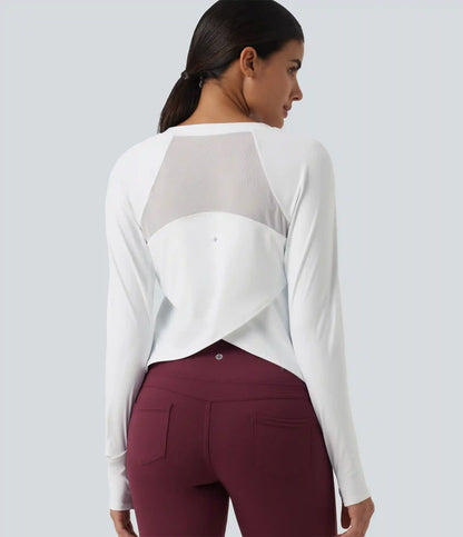 SoftlyZero™ Airy Quick Dry Round Neck Raglan Long Sleeve Mesh Back Crossover Yoga Sports Top with Thumb Holes
