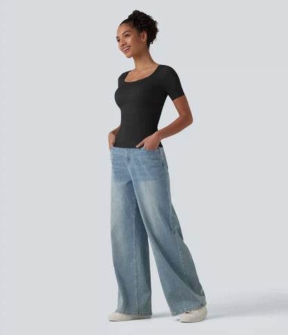 Scoop Neck Short Sleeve Built-in Bra Casual T-Shirt B-E Cups