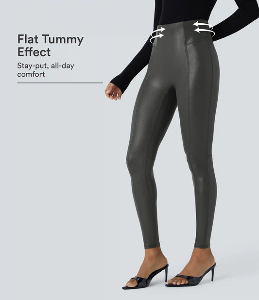 High Waisted Tummy Control Faux Leather Foil Print Stretchy Leggings