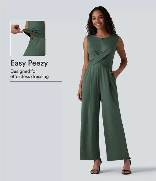Round Neck Sleeveless Crossover Waist Work Straight-leg Jumpsuit with Pockets-Easy Peezy