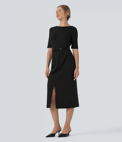 Rounded Neckline Short Sleeve Split Work Dress