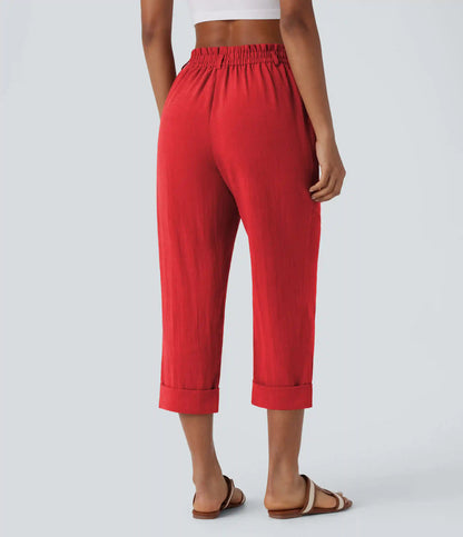 High Waisted Zipper Pocket Cropped Linen-Feel Pants