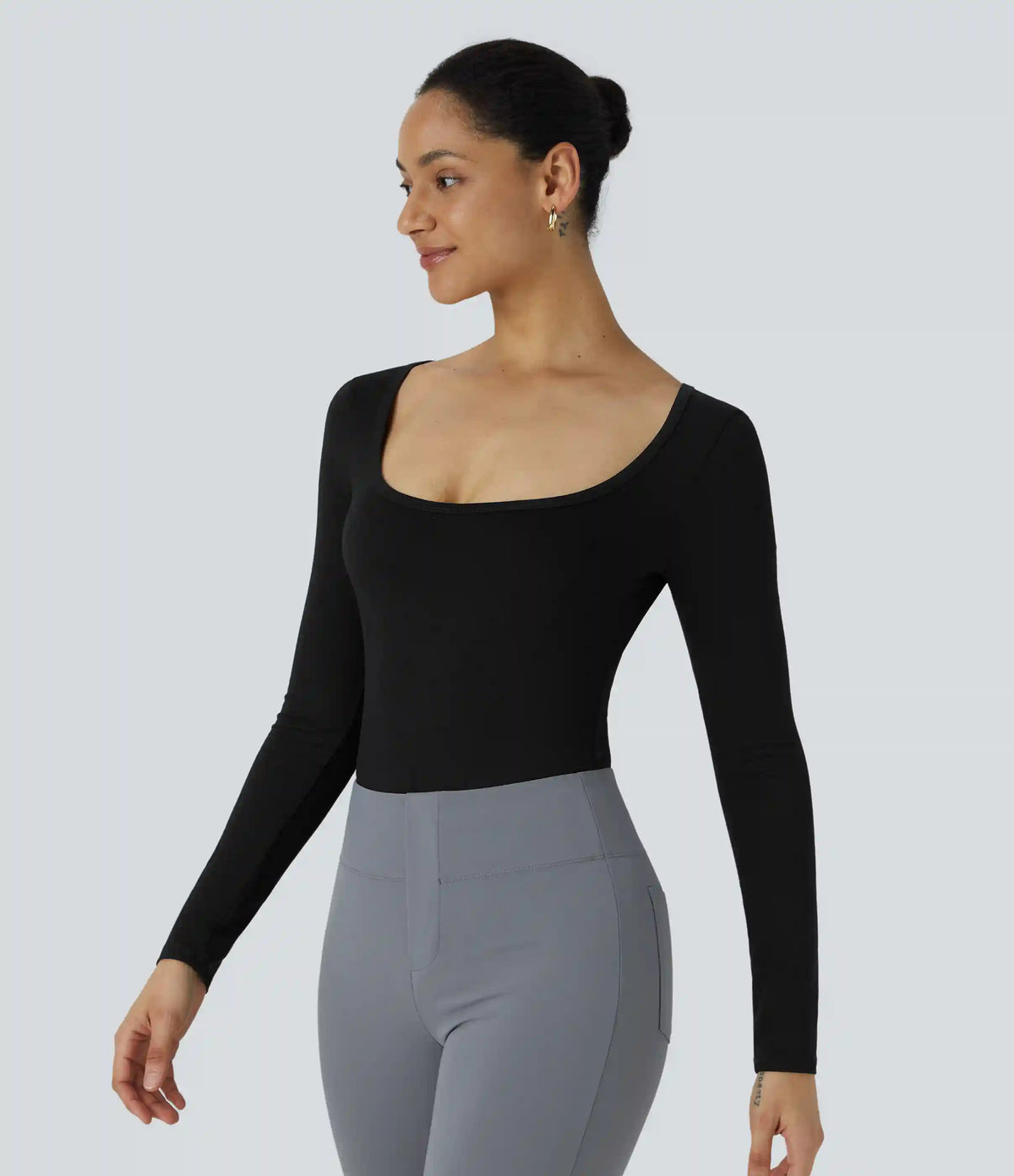 U Neck Long Sleeve Snap Skinny Work Bodysuit