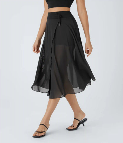 High Waisted Drawstring Contrast Mesh 2-in-1 Pocket Flowy Midi Flare Casual Skirt
