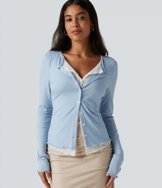 Round Neck Long Sleeve Contrast Lace Party Top