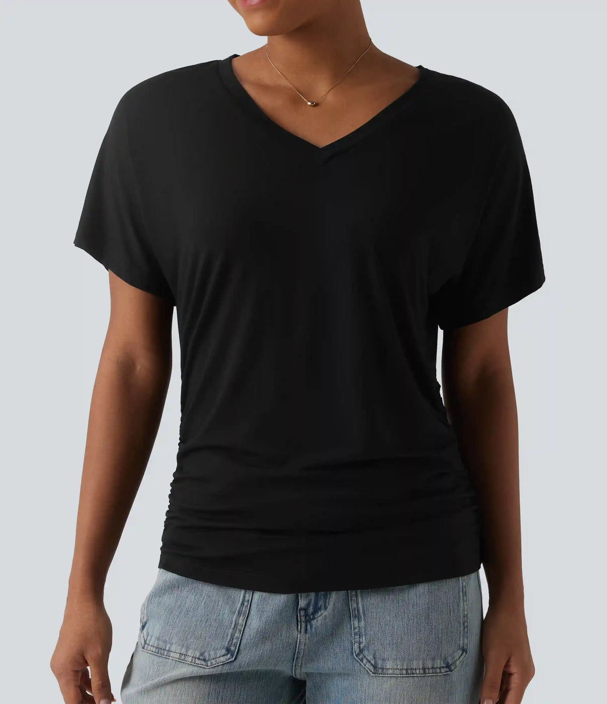 V-neck Short Sleeve Ruched Plain Casual T-Shirt