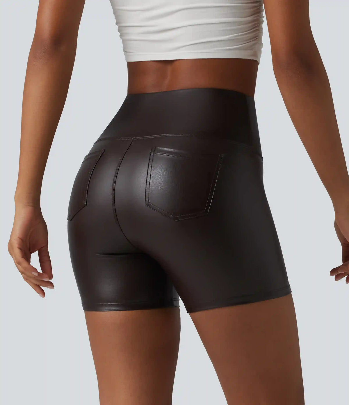 High Waisted Tummy Control Stretchy PU Casual Biker Shorts 5'' with Pockets
