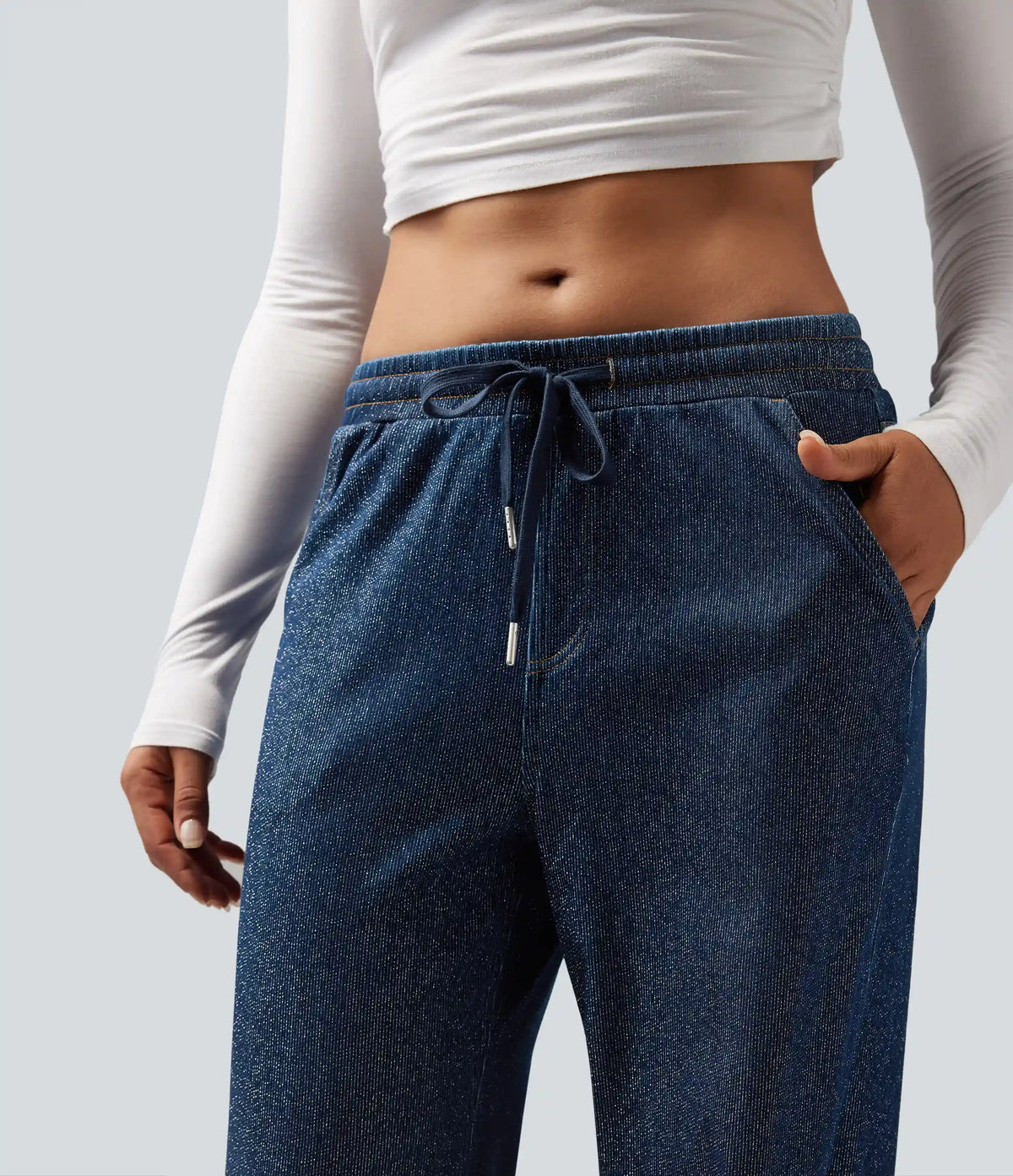 Halara Flex™ Low Rise Drawstring Wide Leg Silver Shine Casual Sweatpants Jeans with Pockets