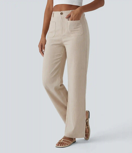 High Waisted Straight Leg Casual Linen-Feel Pants with Pockets