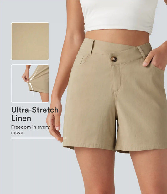 High Waisted Crossover Casual Stretch Linen Shorts 5'' with Pockets