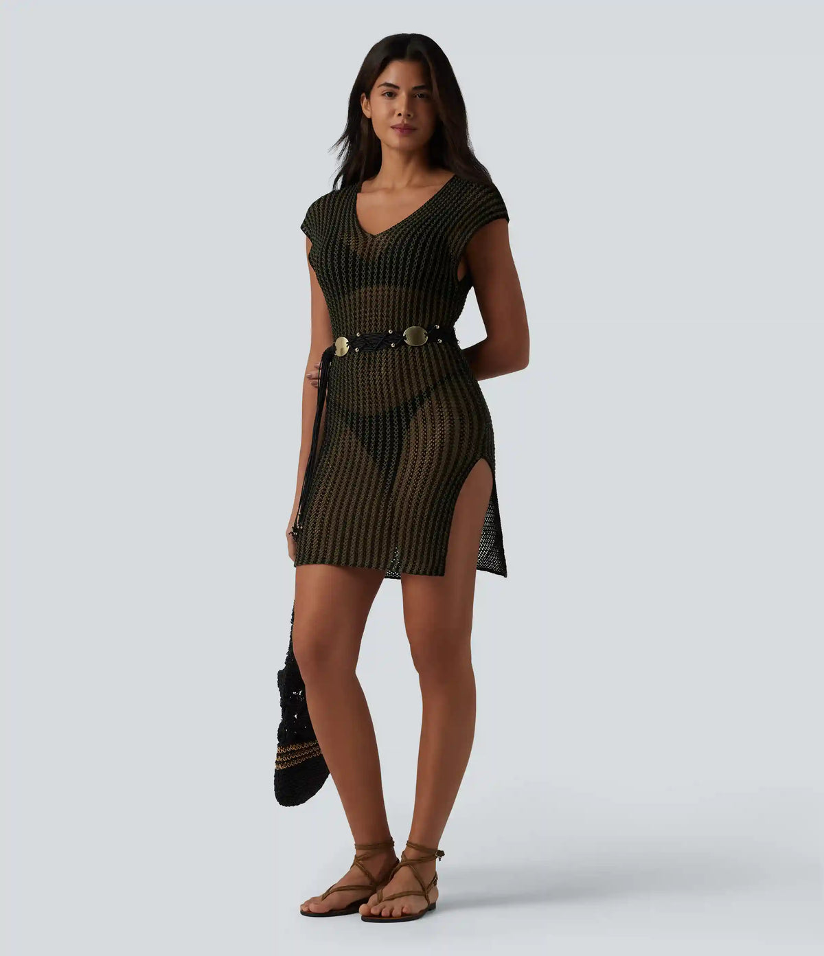 V-neck Batwing Sleeve Split Mini Hollow Out Resort Cover Up Dress