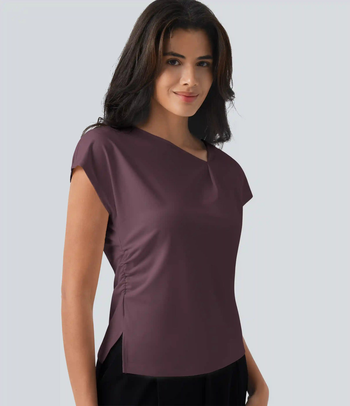 Asymmetric Cowl Neck Short Sleeve Ruched Split Hem Work Blouse
