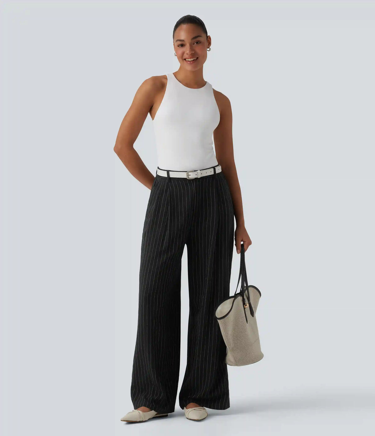High Waisted Stripes Work Baggy Pants with Pockets
