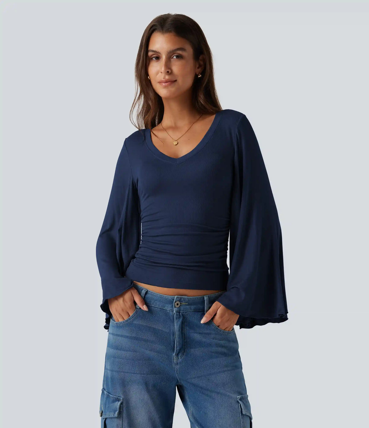 Ribbed V Neck Flounce Sleeve Ruched Casual T-Shirt