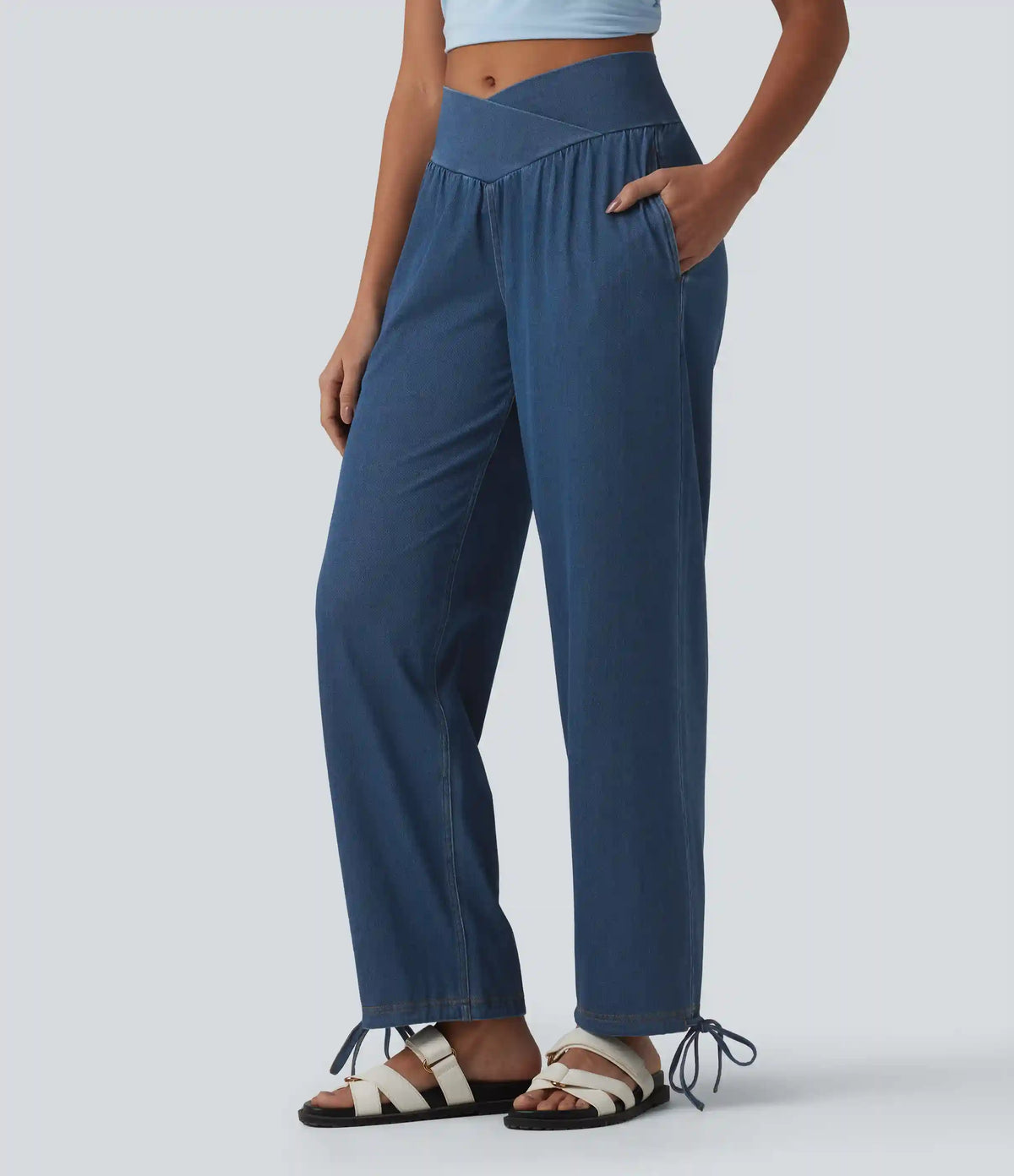 Halara Flex™ Mid Rise Crossover Drawstring Denim Casual Joggers with Pockets